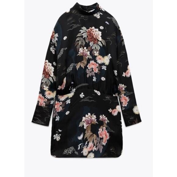 Zara Camila Floral Satin Mini Dress, XL Black, Holiday Party, Asian, Blogger Fav - Picture 2 of 11